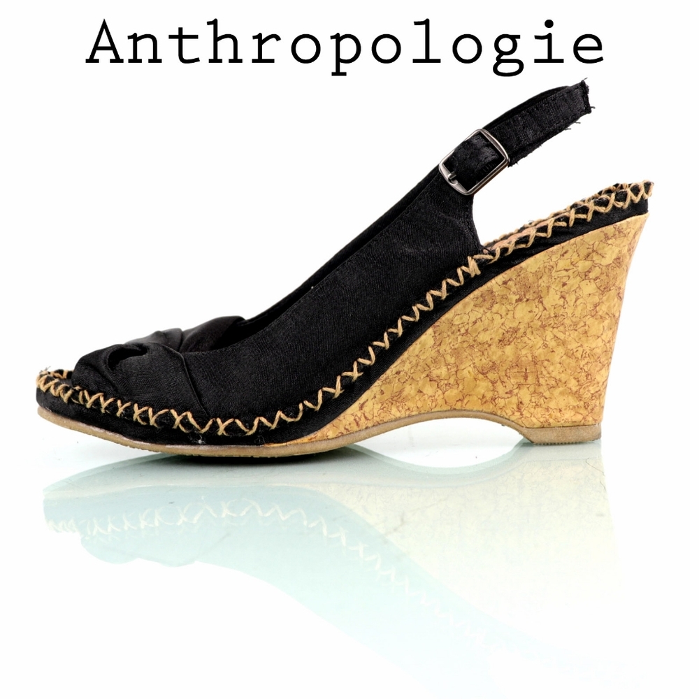 Anthropologie | Seychelles Black Canvas Cork Wedge